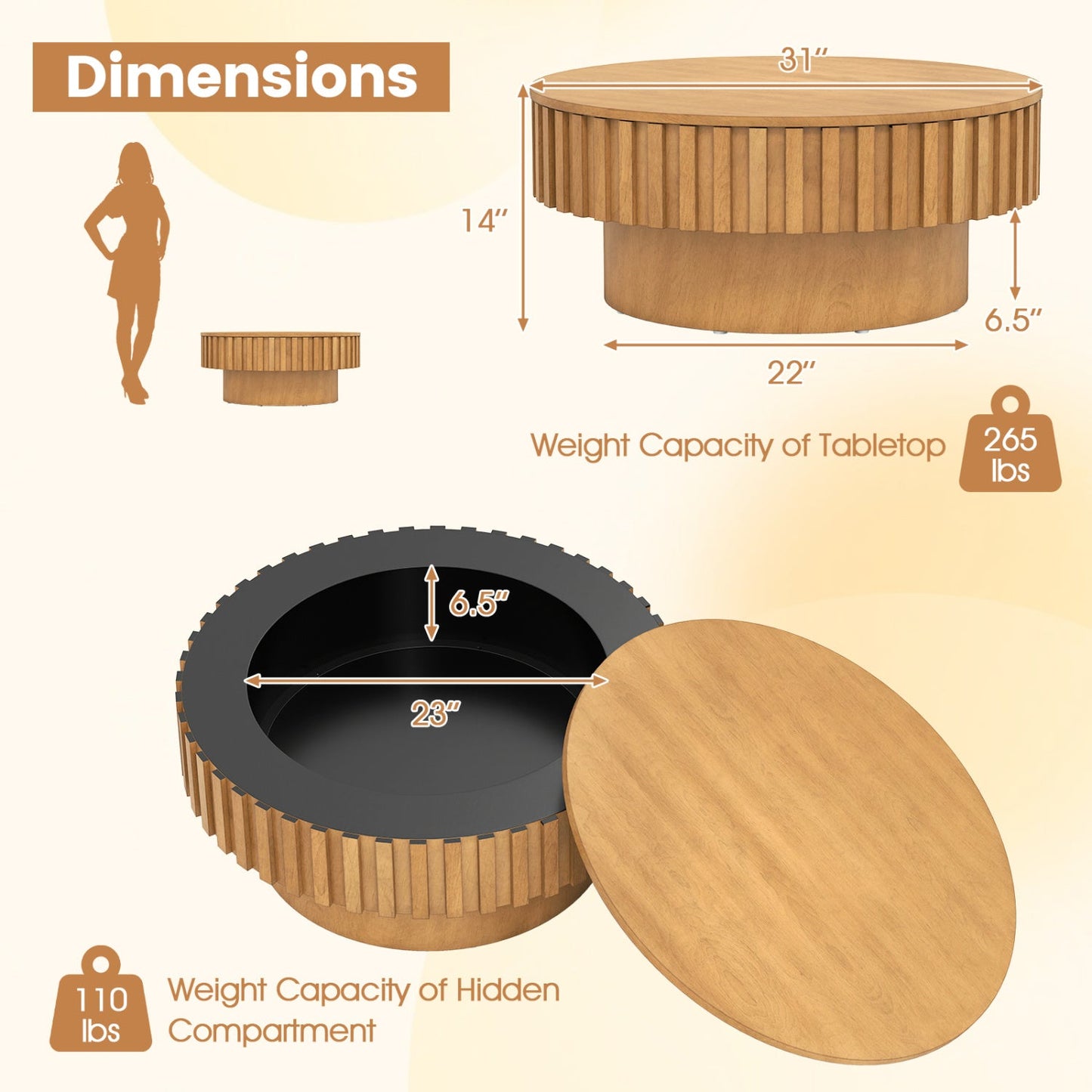 Round Coffee Table with Storage Modern Wooden Drum Coffee Table with Hidden Compartment