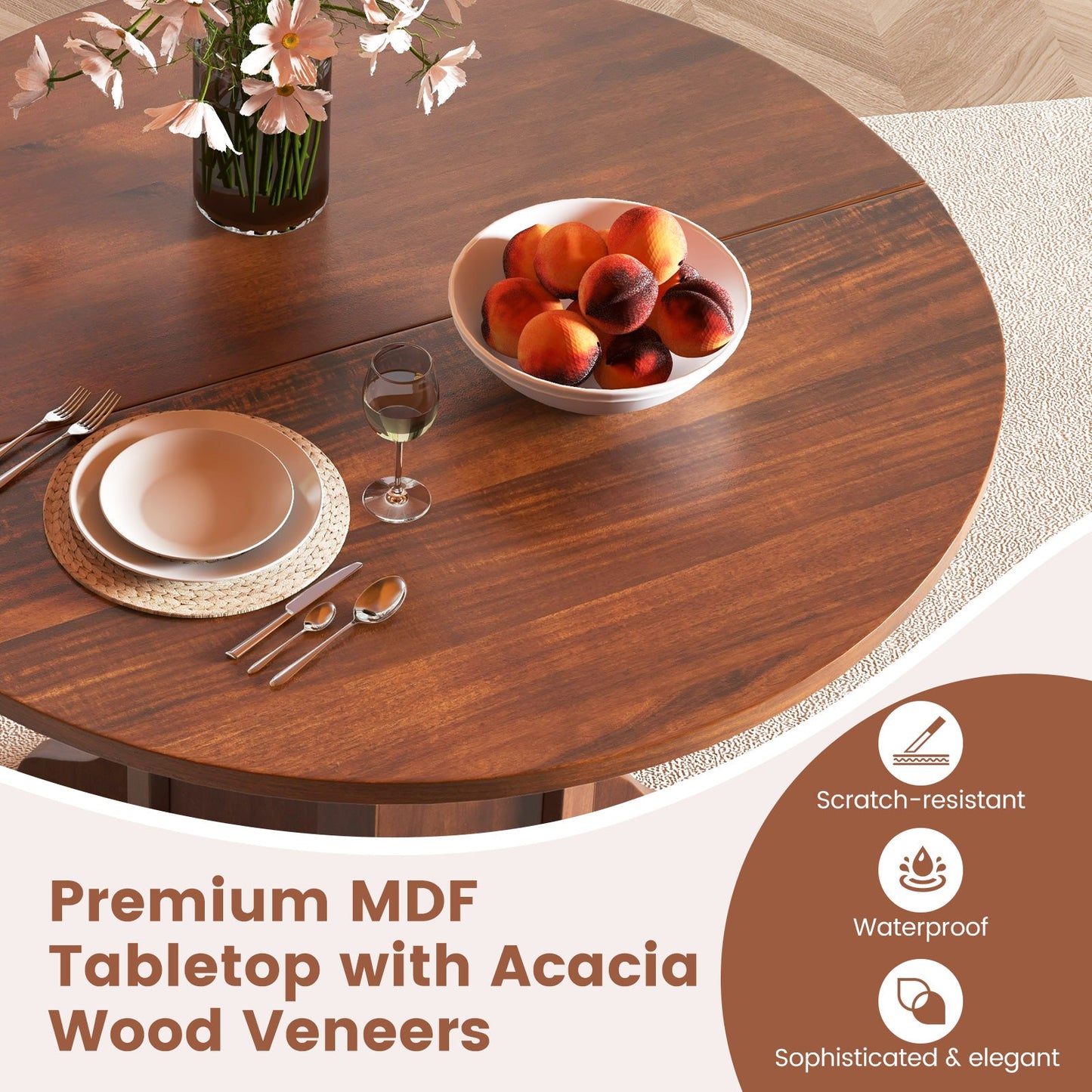 Round Dining Table with Pedestal Base for 4-6 People-Walnut