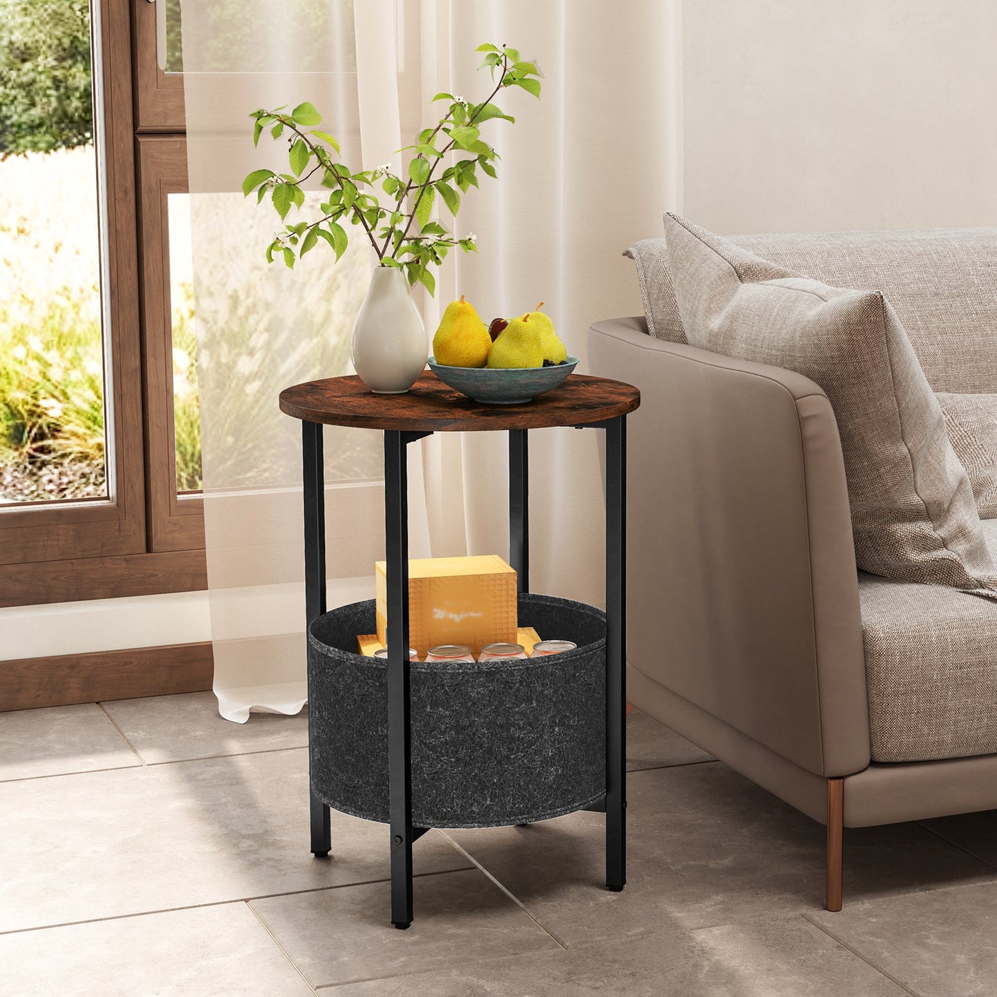 Round End Table 2-Tier Side Table with Removable Fabric Basket and Metal Frame