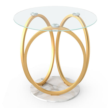 Round End Table Faux Marble Side Table with Tempered Glass Tabletop