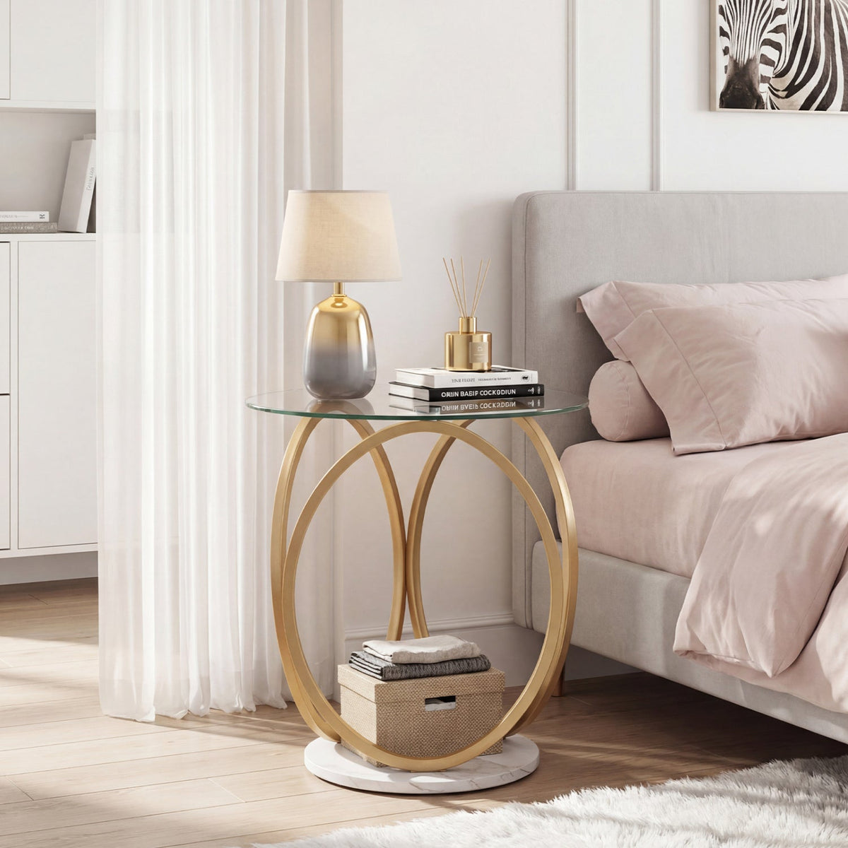 Round End Table Faux Marble Side Table with Tempered Glass Tabletop