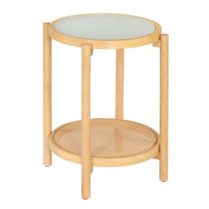 Round Side Table 2-Tier Boho End Table with Tempered Glass Top