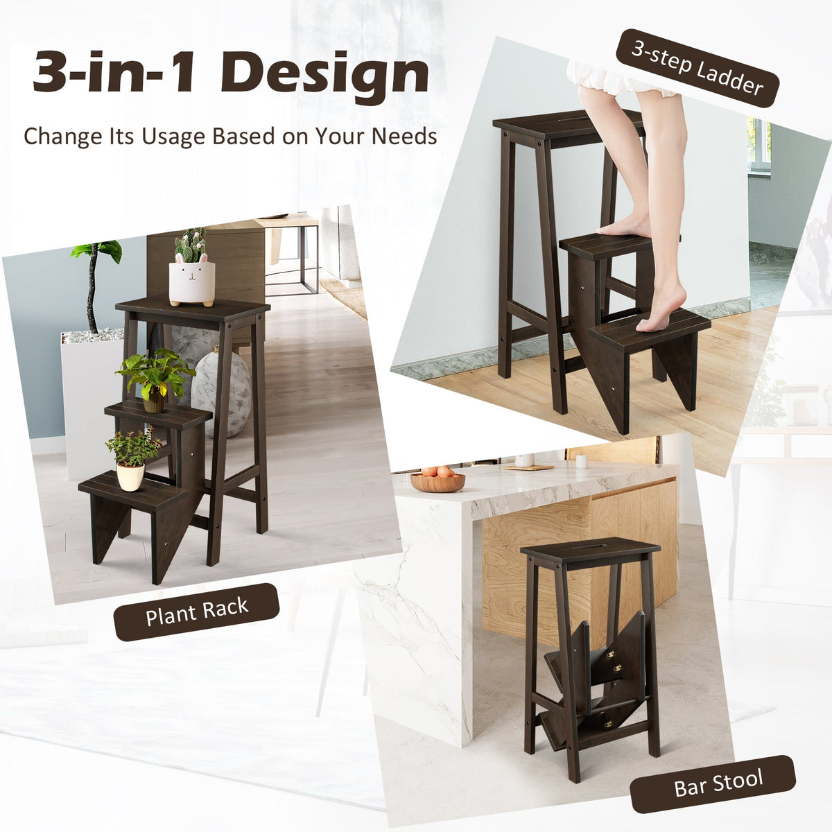 3-in-1 Rubber Wood 3 Tier Folding Step Stool Ladder Storage Shelf-Brown