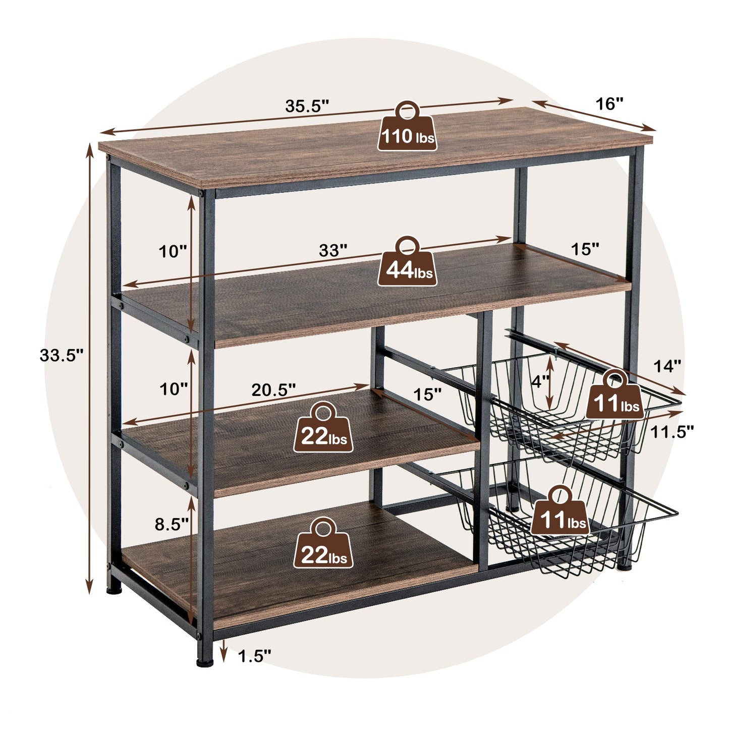 4-Tier Industrial Kitchen Baker's Rack with 2 Wire Baskets-Rustic Brown