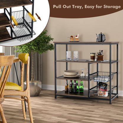4-Tier Industrial Kitchen Baker's Rack with 2 Wire Baskets-Rustic Brown