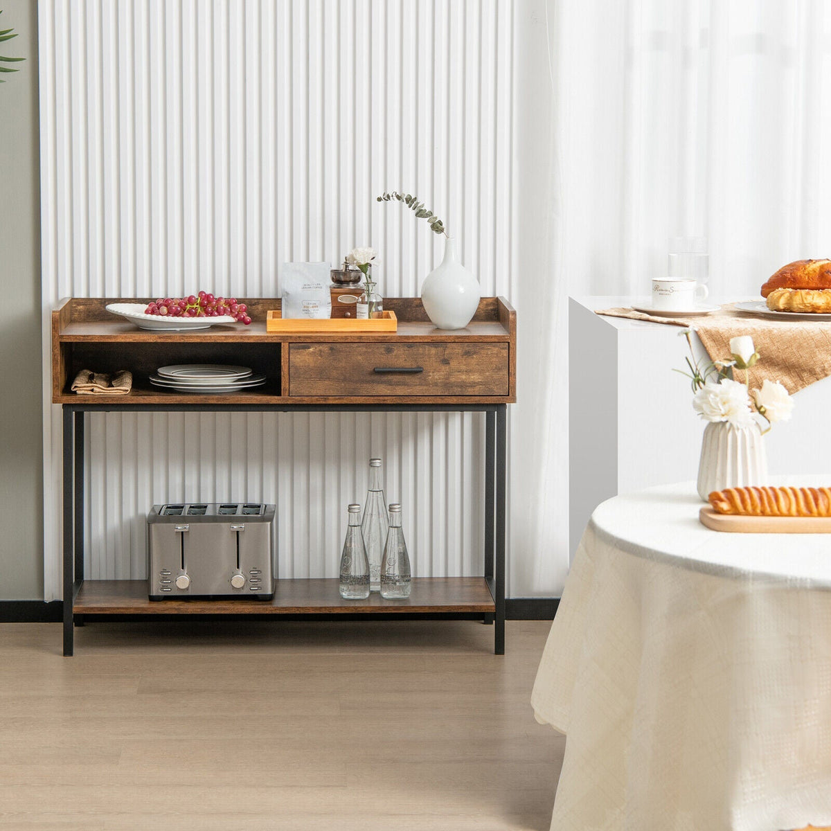 Long Console Table with Drawer and Metal Frame-Rustic Brown