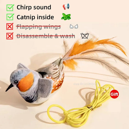 Rechargeable Interactive Cat Toy – Touch-Activated Chirping Flapping Bird Plush with Catnip