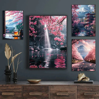 Pink City Asian Travel Japanese Cherry Blossoms At Mount Fuji Poster Light Prints Canvas Painting Wall Pictures Home Room Dec
