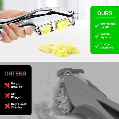 2-in-1 Stainless Steel Garlic Press & Slicer — Handheld Garlic Crusher Mincer Kitchen Tool