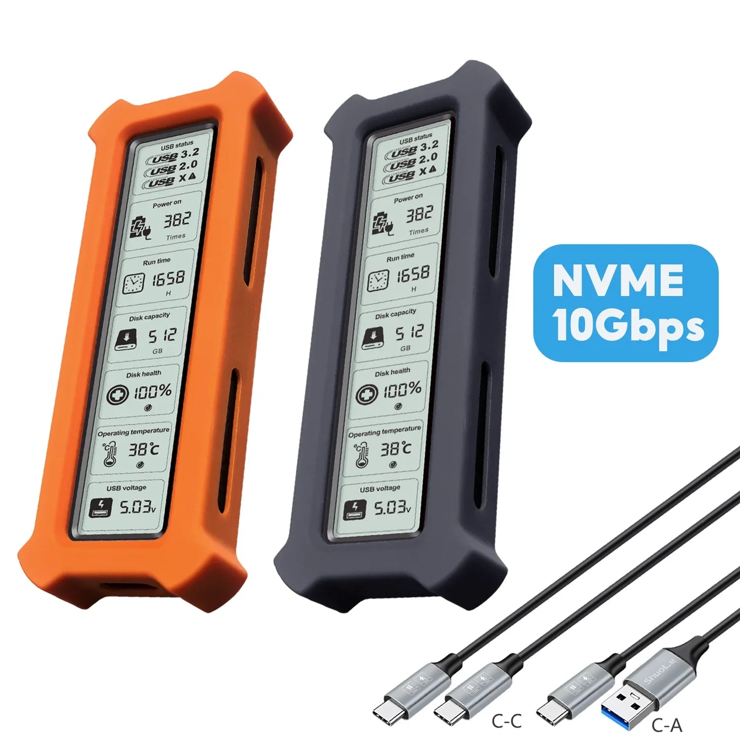 Portable M.2 NVMe SSD Enclosure with Health Display — USB 3.2 Gen 2 10Gbps