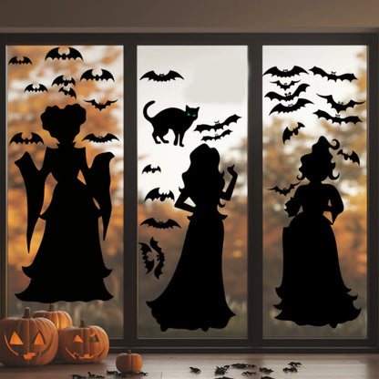 Halloween Witch Silhouette Window Clings - Extra Large 23x16" Double-Sided PVC Hocus-Pocus Witch, Bat & Black Cat Wall Stickers - Set of 3