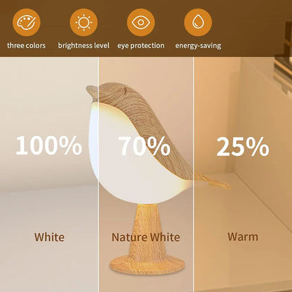 Wood-Effect Bird LED Night Light — Touch Rechargeable Bedside Lamp, 3-Color Dimmable