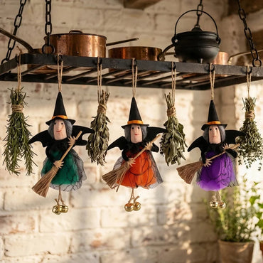 Halloween Hanging Witch Ornament, Broomstick and Jingle Bells