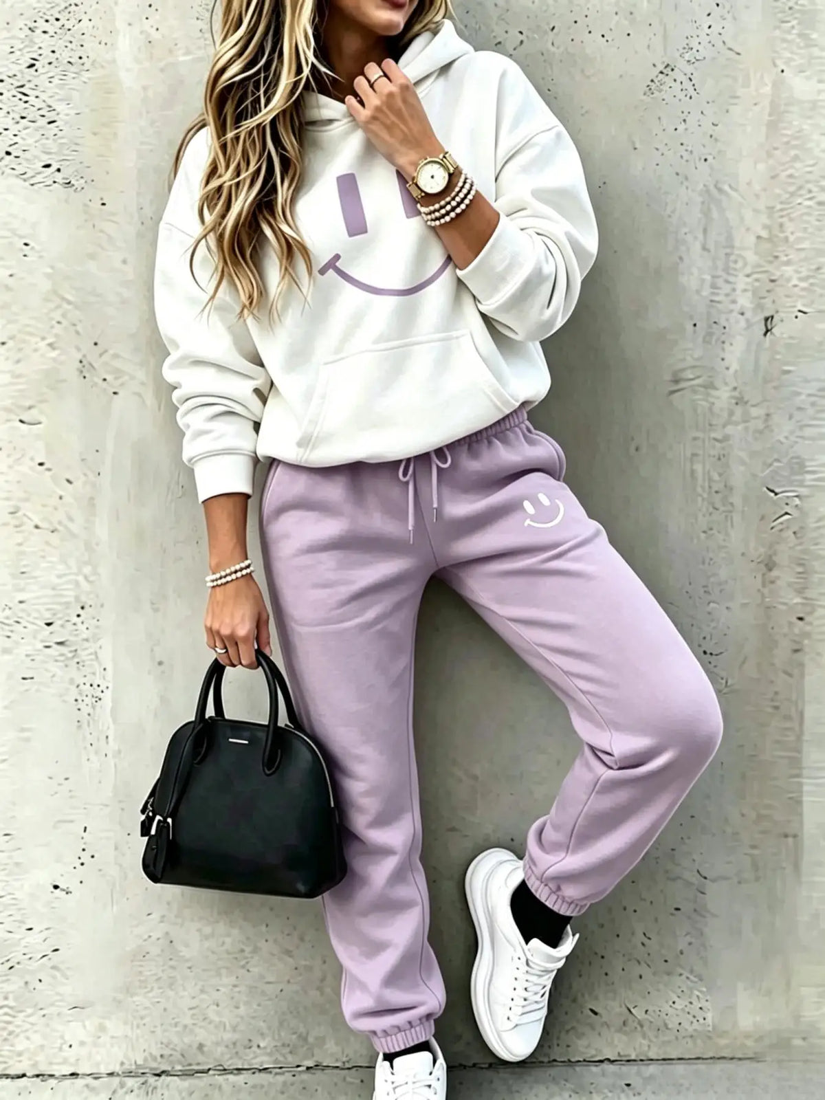 Women's Smiley Face Print 2-Piece Tracksuit Set - Pullover Hoodie + Drawstring Jogger Pants, Elastane Polyester, Medium Stretch, Autumn/Winter - 6 Colors, S to XXL