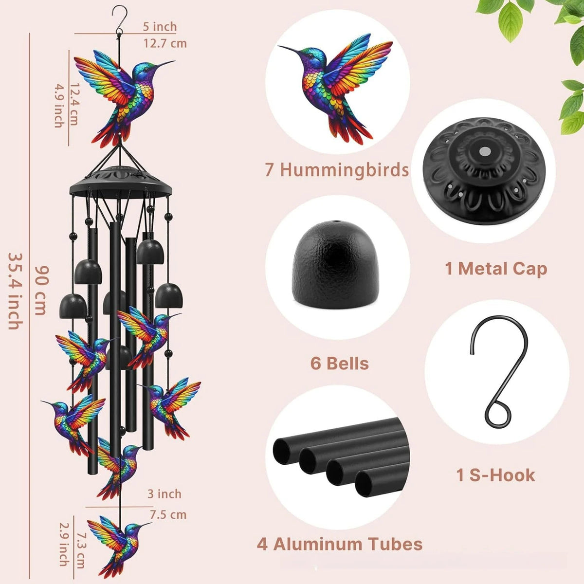 Hummingbird & Cardinal Metal Wind Chimes – Colorful Outdoor Garden Decor, ~37" with Aluminum Tubes & Bells