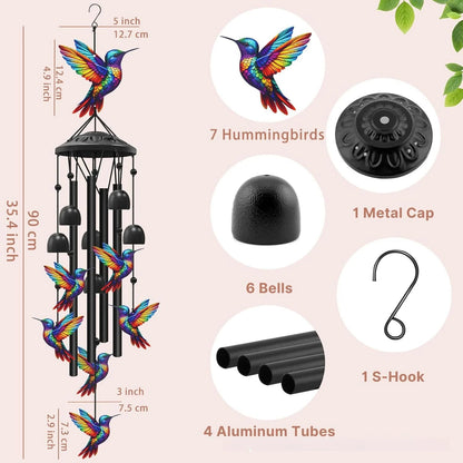 Hummingbird & Cardinal Metal Wind Chimes – Colorful Outdoor Garden Decor, ~37" with Aluminum Tubes & Bells