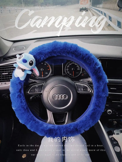 Stitch Plush Steering Wheel Cover – Universal Stretch Winter Warm Car Accessory