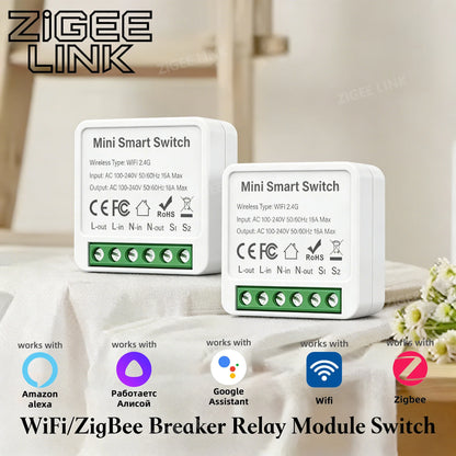 WIFI/ZigBee Smart Mini Smart Light Switch 2 Way Control Breaker Relay 16A Smart Life APP Voice Control For Tuya Alexa Google
