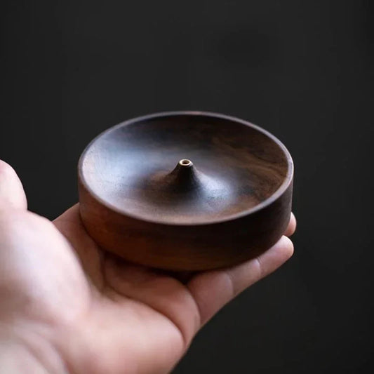 Black Walnut Solid Wood Incense Burner - Handmade Round Incense Stick Holder & Agarwood Tray for Tea Ceremony Home Decor