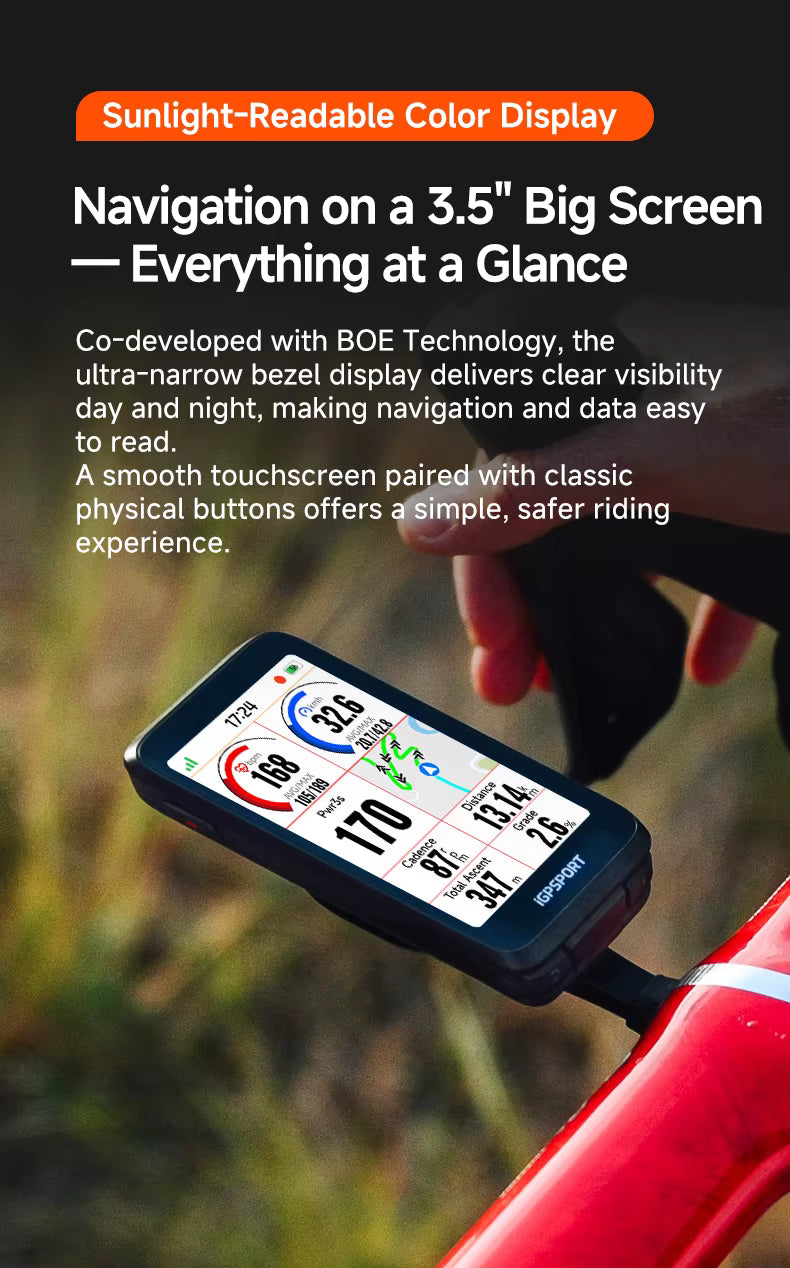 iGPSPORT BiNavi GPS Bike Computer - Touchscreen Map Navigation, 35hr Battery, IPX7, iClimb 3.0, Route Planning