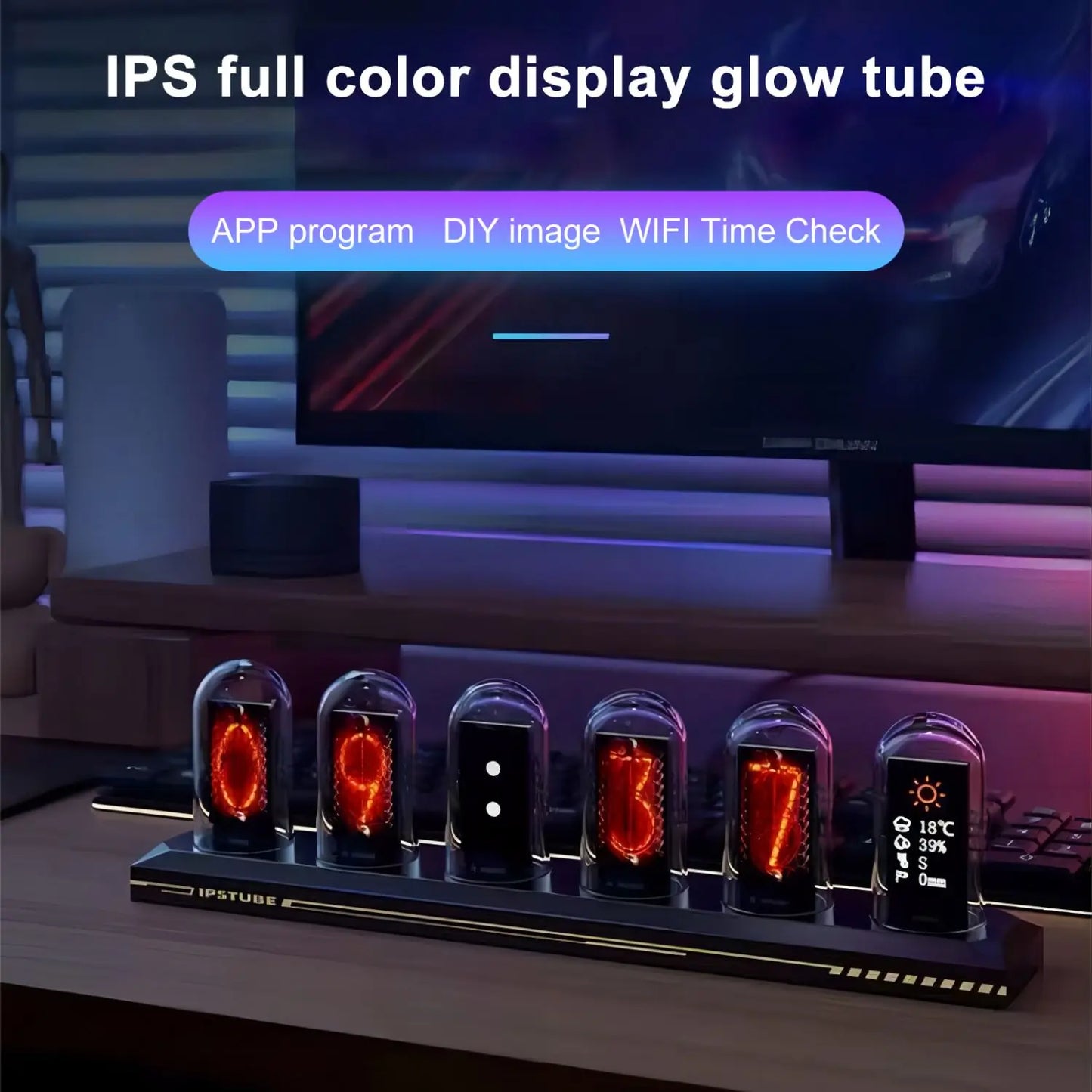 Nixie-Style IPS Tube Clock — RGB LED Night Light, Smart App & Wi‑Fi Control, DIY Display, Weather & Photo Album for Bedroom