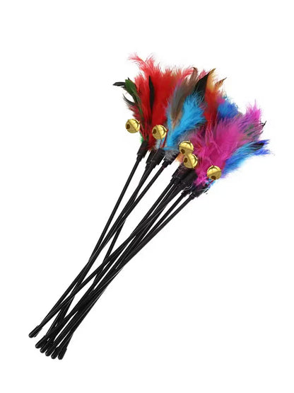 5-Pack Interactive Cat Feather Wand Toys - Colorful Feather Teasers with Bell