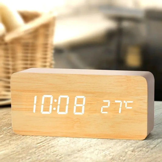 Wooden LED Digital Alarm Clock with Temperature Display — 3 Alarms & Adjustable Brightness, USB Bedside Desk Clock