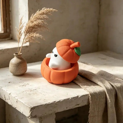3D Printed Grumpy Ghost in Pumpkin Figurine – Eco-Friendly PLA Halloween Desktop Ornament for Home, Office & Festival Decor