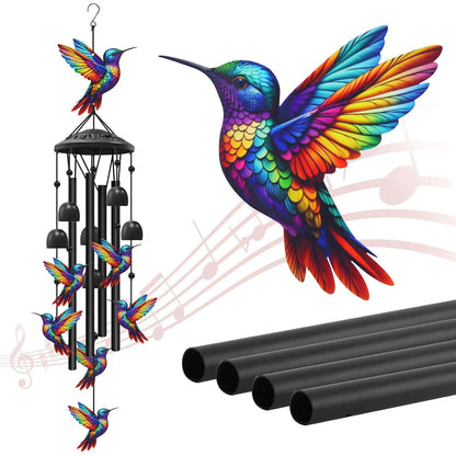 Hummingbird & Cardinal Metal Wind Chimes – Colorful Outdoor Garden Decor, ~37" with Aluminum Tubes & Bells