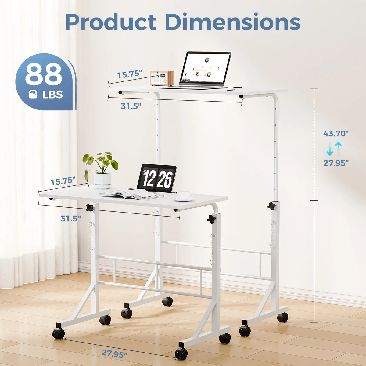 JHK 31.5" Mobile Standing Desk - Height Adjustable 27.95"-43.70", Pin-Lock, 4 Wheels, 88 lb, Walking Pad Treadmill Desk
