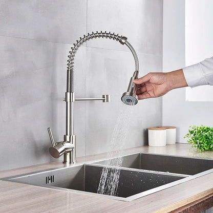Brushed Nickel Pull-Down Kitchen Faucet, Deck-Mounted Mixer Tap, 360° Swivel, Stream & Spray, Single-Handle Hot/Cold