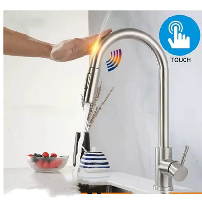 Touch Sensor Pull-Out Kitchen Faucet, Brushed Nickel & Matte Black Stainless Steel, Single-Handle Touch Control