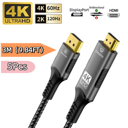 FDBRO DisplayPort to HDMI Cable - Uni-Directional, 4K@60Hz, HDR, VRR, Gold-Plated, Nylon Braided, 3.3/6.6/9.8ft, 1-5 Pack