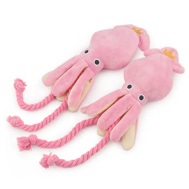 Octopus Plush Dog Chew Toy with Squeaker & Rope — Small Pink 13.4 x 3.5 in (34 x 9 cm) — Dental Cleaning Toy for Dogs & Cats