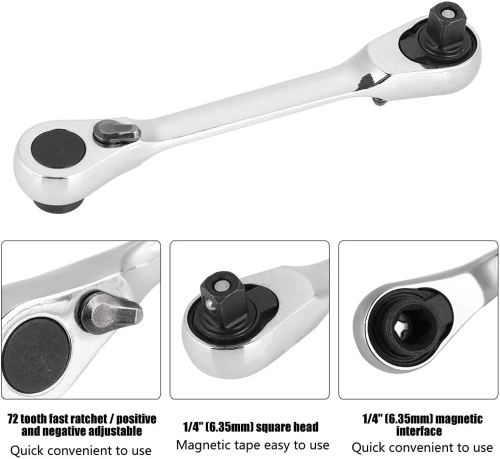 2-in-1 Mini 1/4" (6.35 mm) Ratchet Wrench & Bit Holder — 72-Tooth Double-Head