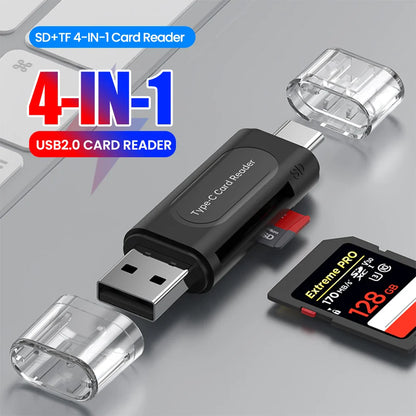 4-in-1 USB Type-C Card Reader - SD/TF (microSD) & Memory Stick, USB 2.0 External Adapter (Black)