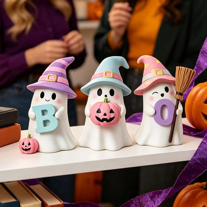 Halloween Ghost & Pink Pumpkin Resin Figurine Set – 3-Pack Cute Spooky Statues for Shelf, Mantel, Desk & Tabletop Decor