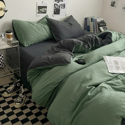 Washed Cotton Duvet Cover Bedding Set with Flat Sheet & Pillowcases, Queen & King Available