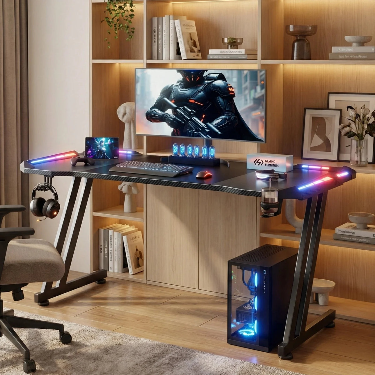 FRODROVIA Z-Frame RGB LED Gaming Desk - 48"/55"/63", 4-Side LED Strips + Remote, Carbon Fiber, Cup Holder, Headphone Hook, 200 lb