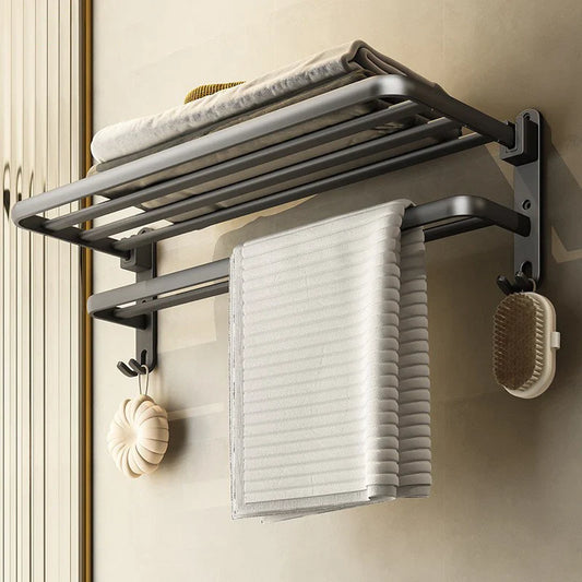 50 cm (19.7 in) Matte Black Folding Wall-Mount Aluminum Towel Rack with Hook, Double Bar