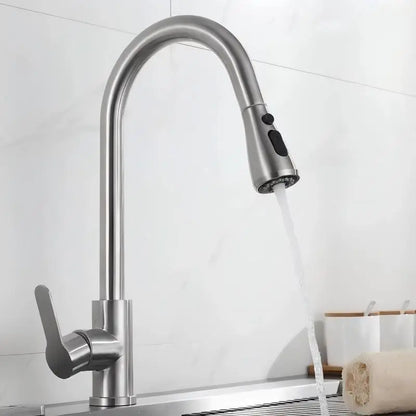 Pull-Out Kitchen Faucet 304 Stainless Steel Deck-Mounted Mixer Tap, Single-Handle Hot & Cold with Brushed Pull-Down Spray