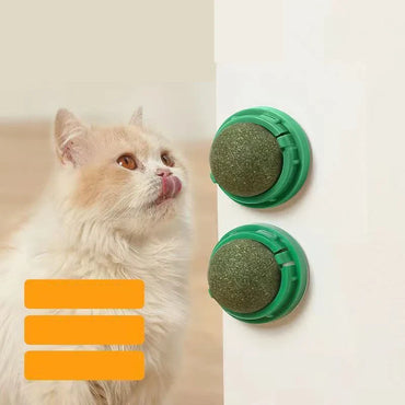 Catnip Wall Stick-On Ball Toy for Cats — Adhesive Cat Grass Treat Ball for Digestion & Scratching
