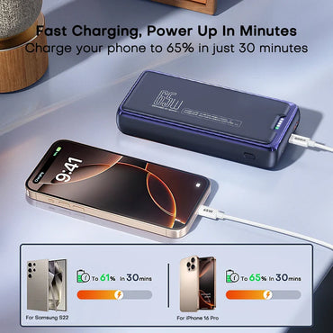 30000mAh 65W PD Power Bank Portable Charger with LED Display - Triple-Port Fast Charge for Laptop & Smartphone