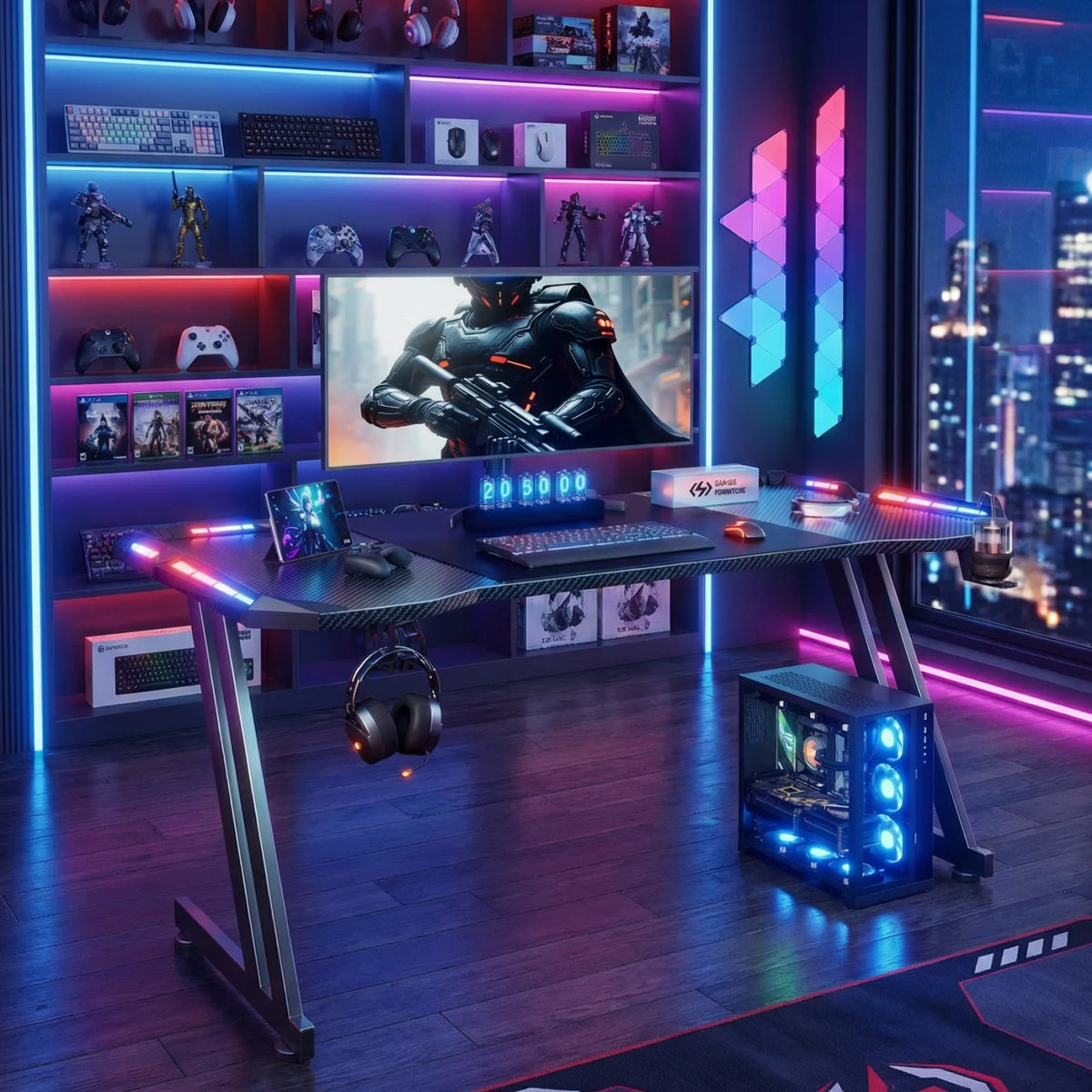 FRODROVIA Z-Frame RGB LED Gaming Desk - 48"/55"/63", 4-Side LED Strips + Remote, Carbon Fiber, Cup Holder, Headphone Hook, 200 lb
