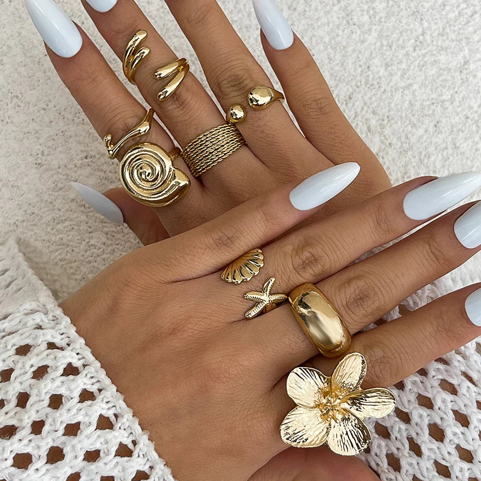 Ingemark 8Pcs/Set Vintage Metal Petal Flower Water Drop Open Rings for Women Trend 2025 Goth Geometric Ring Daily Jewelry Gift