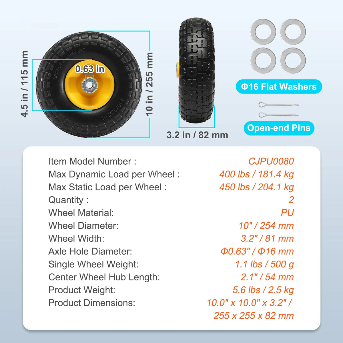 SucceBuy 2-Pack 10 in Solid PU Cart Wheels, 180/400 lb Options
