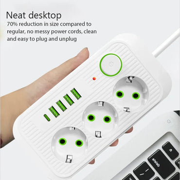 EU Power Strip 8 Outlets, 4 USB Fast Charging Ports, Overload Protection Extension Cord — 2m / 5m