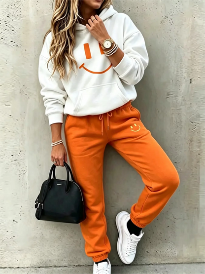 Women's Smiley Face Print 2-Piece Tracksuit Set - Pullover Hoodie + Drawstring Jogger Pants, Elastane Polyester, Medium Stretch, Autumn/Winter - 6 Colors, S to XXL