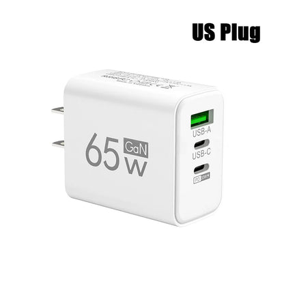 GaN 65W Fast USB-C PD Charger 2x USB-C + USB-A Quick Charge Wall Adapter EU/KR Plug