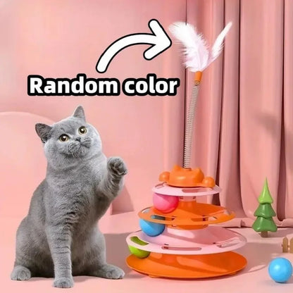 Interactive Cat Toy Tower with Turntable Track, Rolling Balls and Feather Teaser - Kitten Training Toy